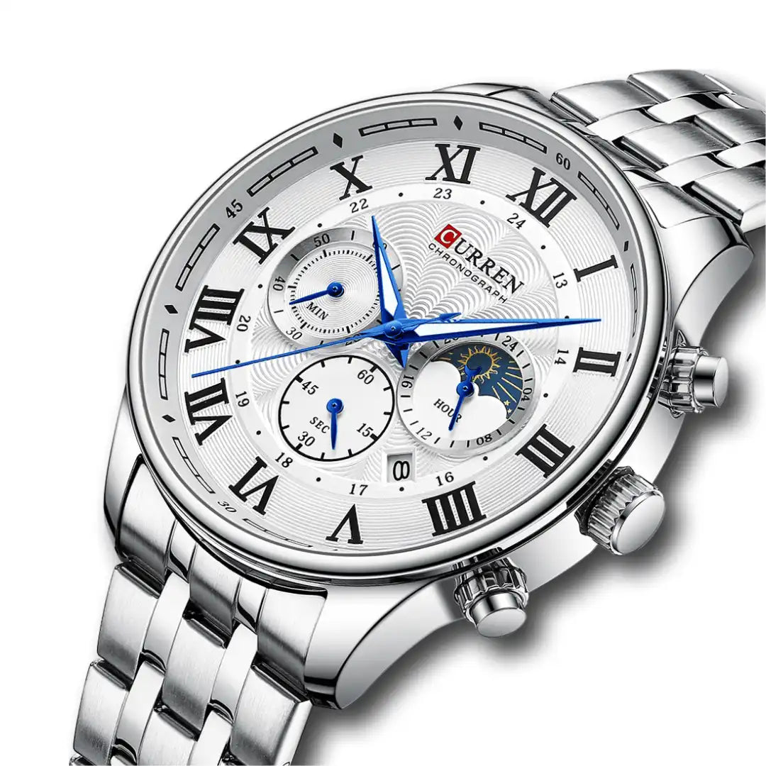 Reloj Curren 8427 Cronógrafo En Acero Para Hombre Plateado - Blanco