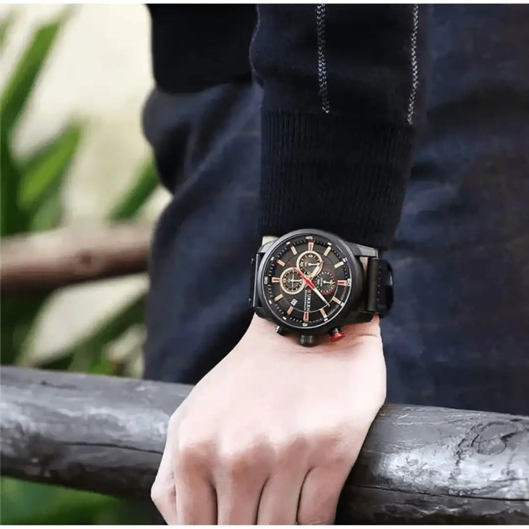 Reloj Curren 8291 Cronógrafo En Cuero Para Hombre Negro