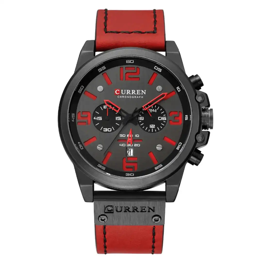 Reloj Curren 8314 Cronógrafo En Cuero Para Hombre Rojo - Gris