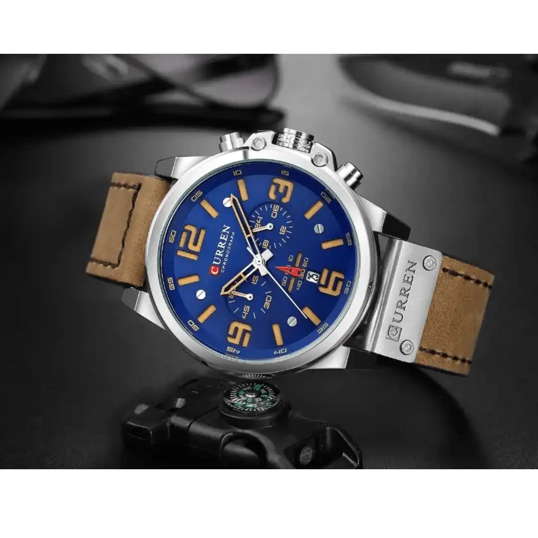 Reloj Curren 8314 Cronógrafo En Cuero Para Hombre Marron - Azul