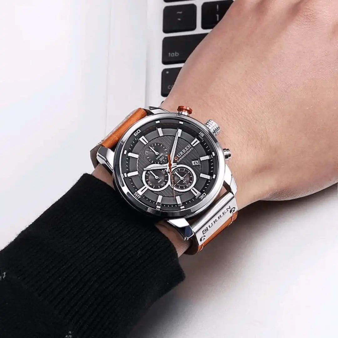 Reloj Curren 8291 Cronógrafo En Cuero Para Hombre Marron - Negro