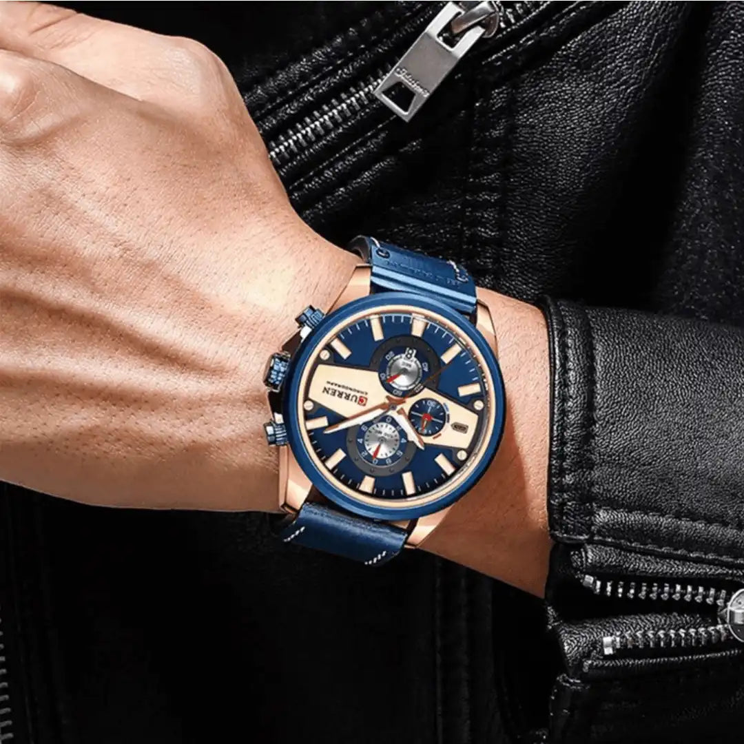 Reloj Curren 8394 Cronógrafo En Cuero Para Hombre Azul