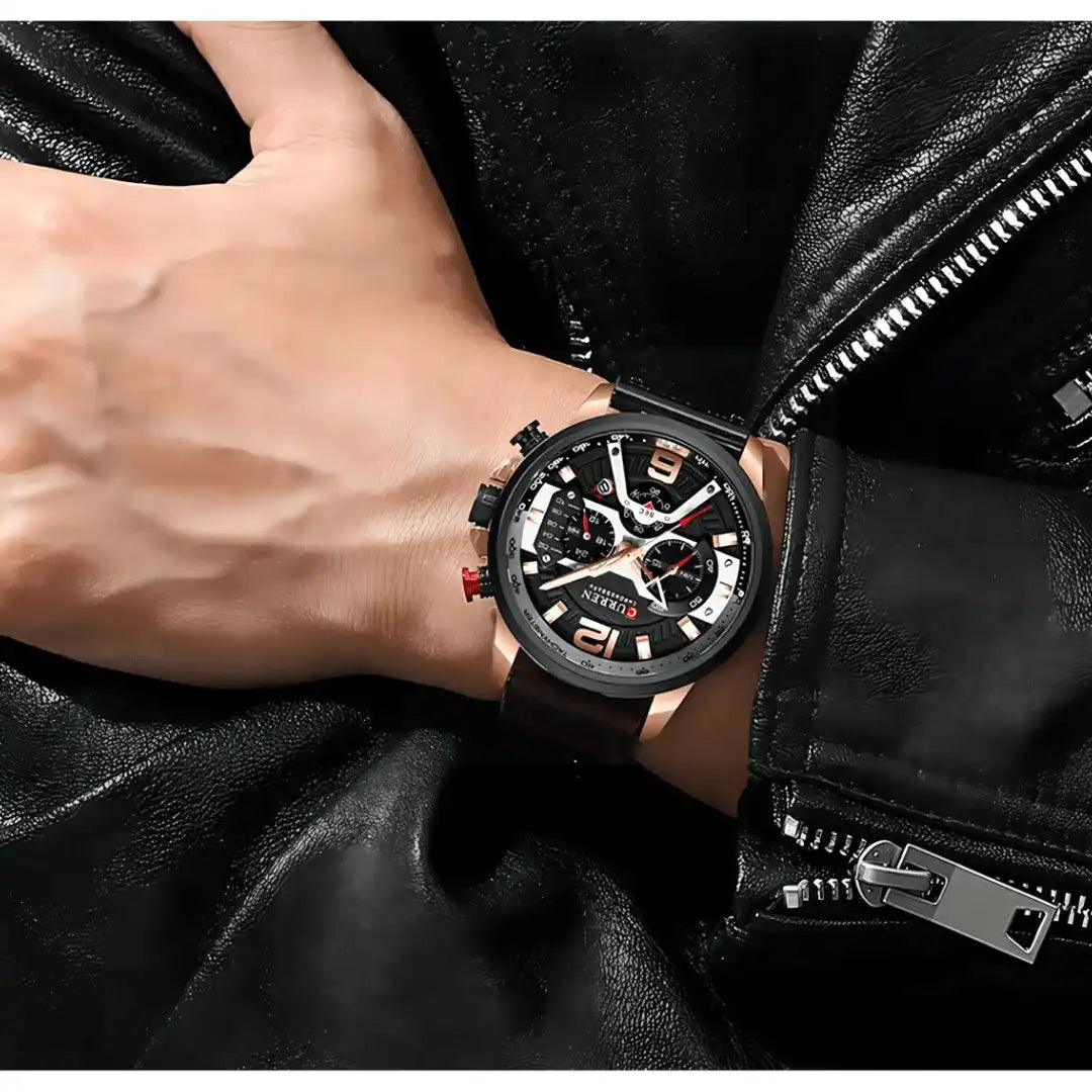 Reloj Curren Cronógrafo 8329 En Cuero Para Hombre Negro - Oro Rosa
