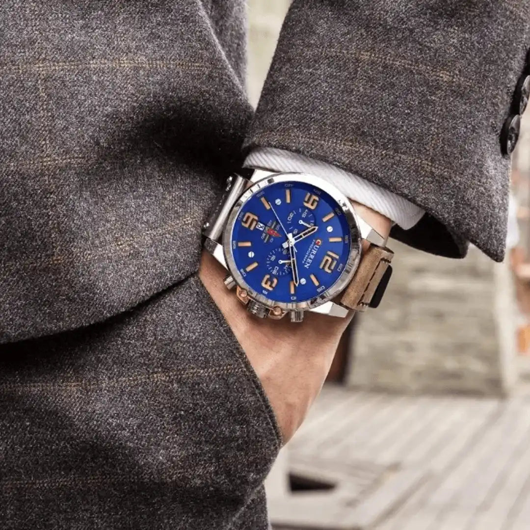 Reloj Curren 8314 Cronógrafo En Cuero Para Hombre Marron - Azul