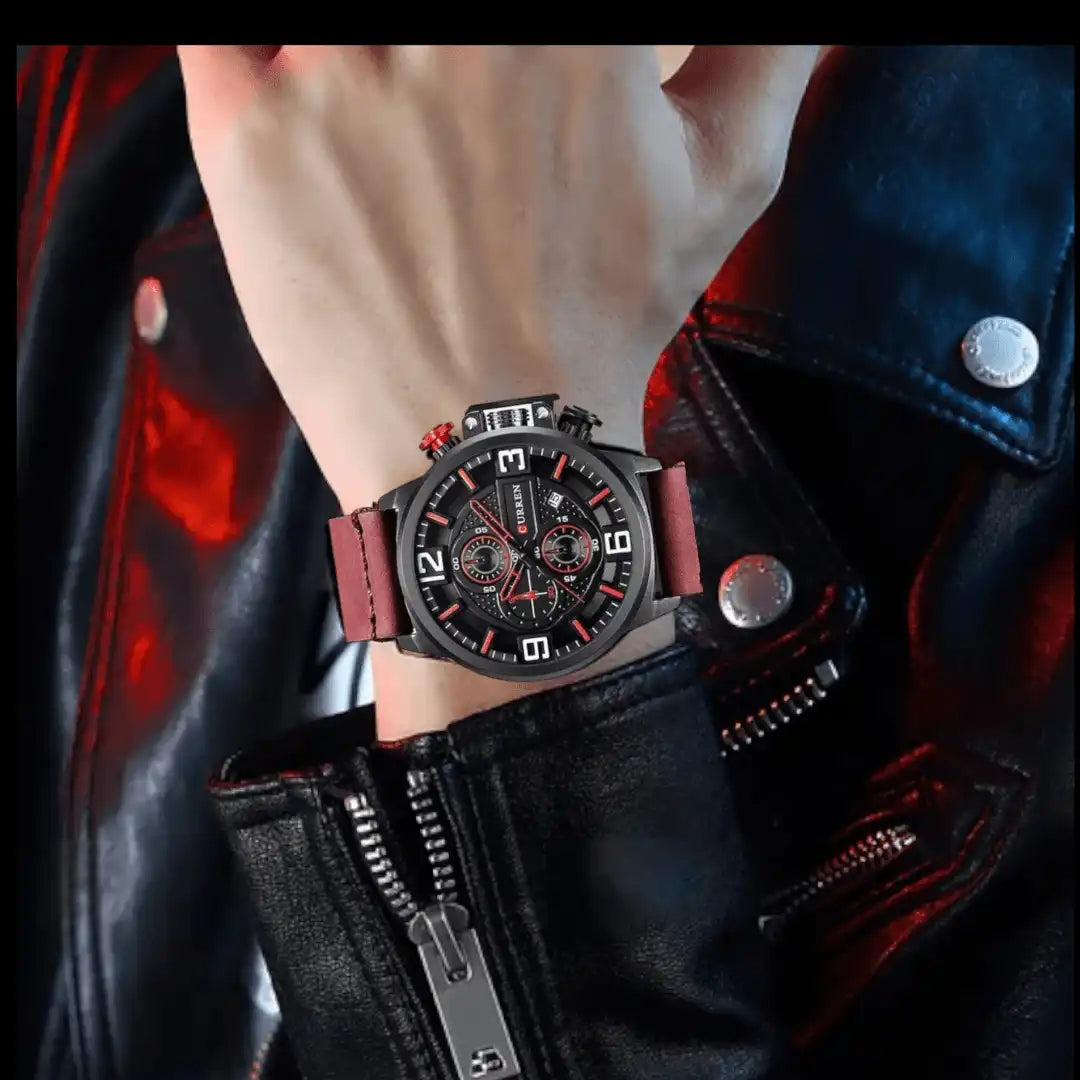 Reloj Curren 8278 Cronógrafo En Cuero Para Hombre Rojo Intenso