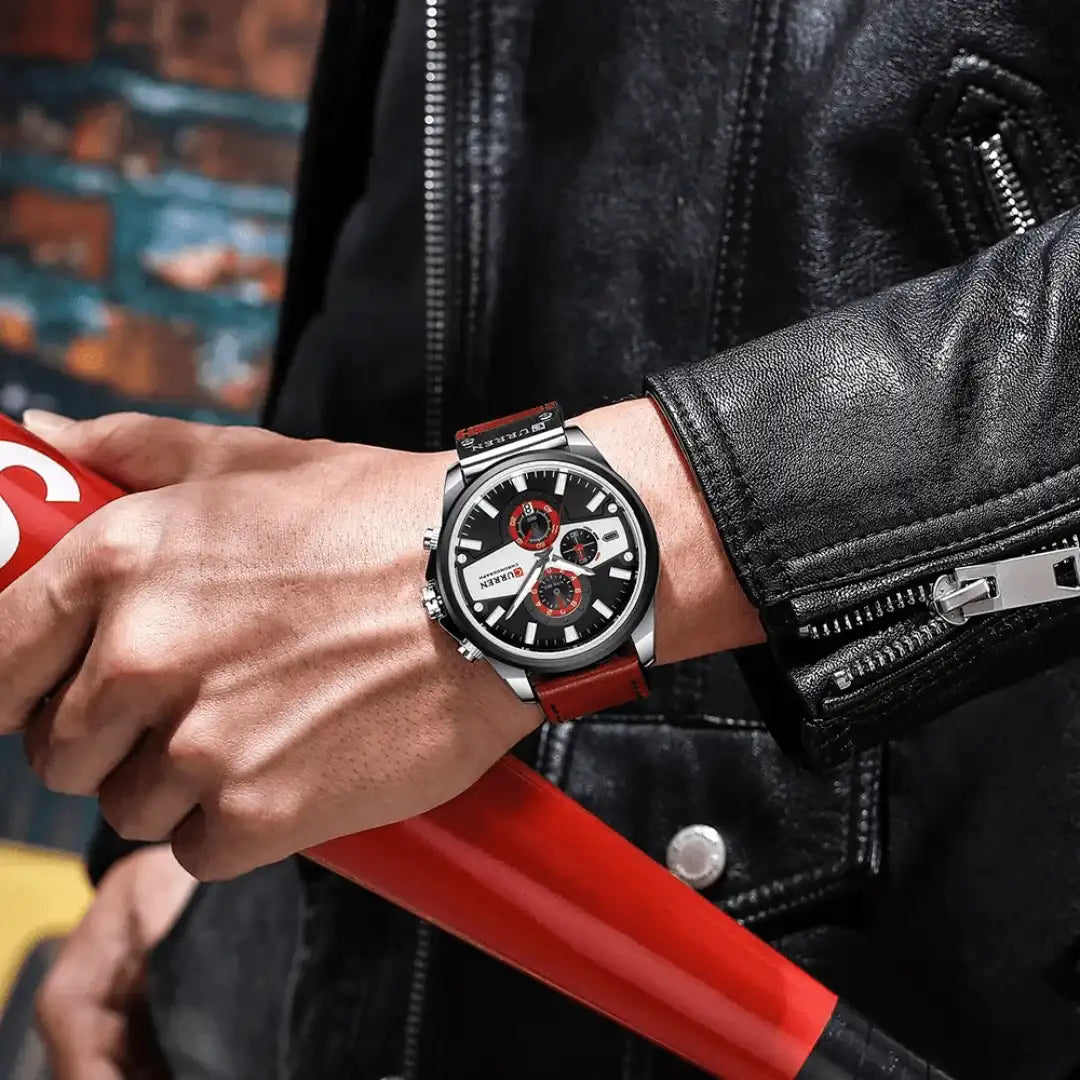 Reloj Curren 8394 Cronógrafo En Cuero Para Hombre Rojo