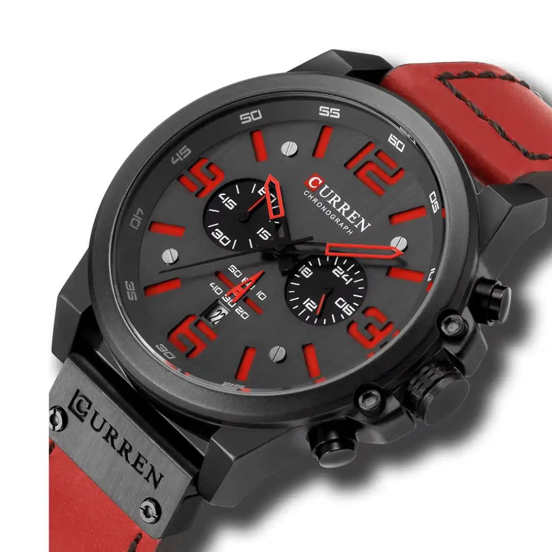 Reloj Curren 8314 Cronógrafo En Cuero Para Hombre Rojo - Gris