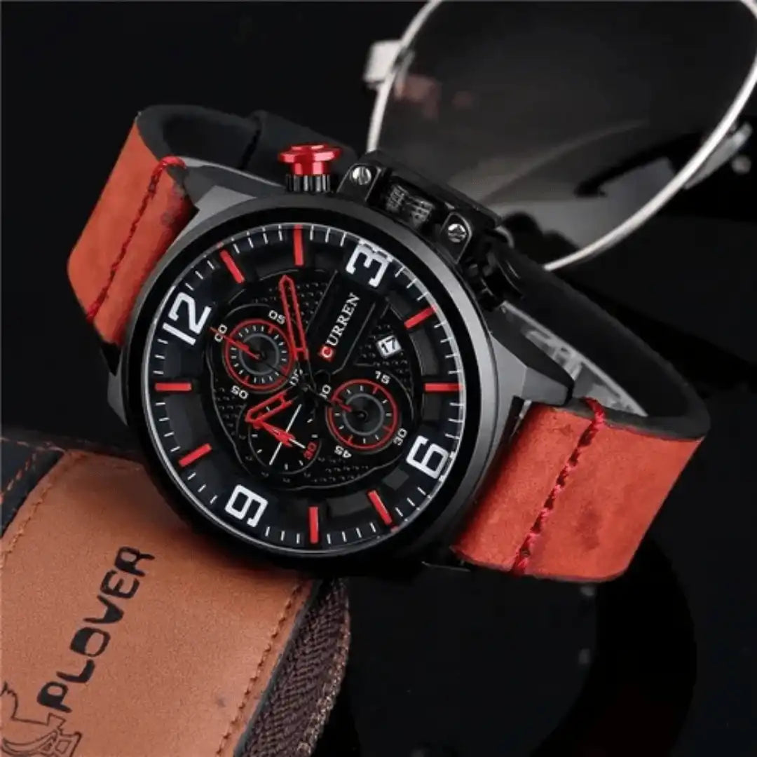 Reloj Curren 8278 Cronógrafo En Cuero Para Hombre Rojo Intenso