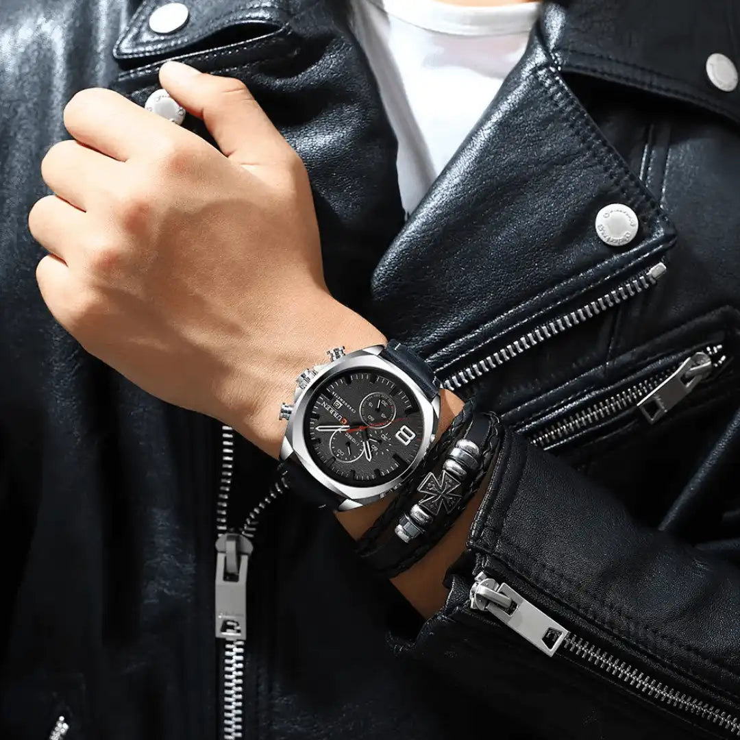 Reloj Curren 8324 Crónografo En Cuero Negro Para Hombre