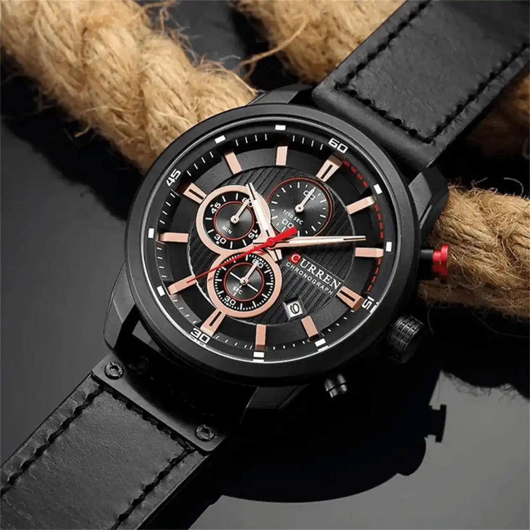 Reloj Curren 8291 Cronógrafo En Cuero Para Hombre Negro