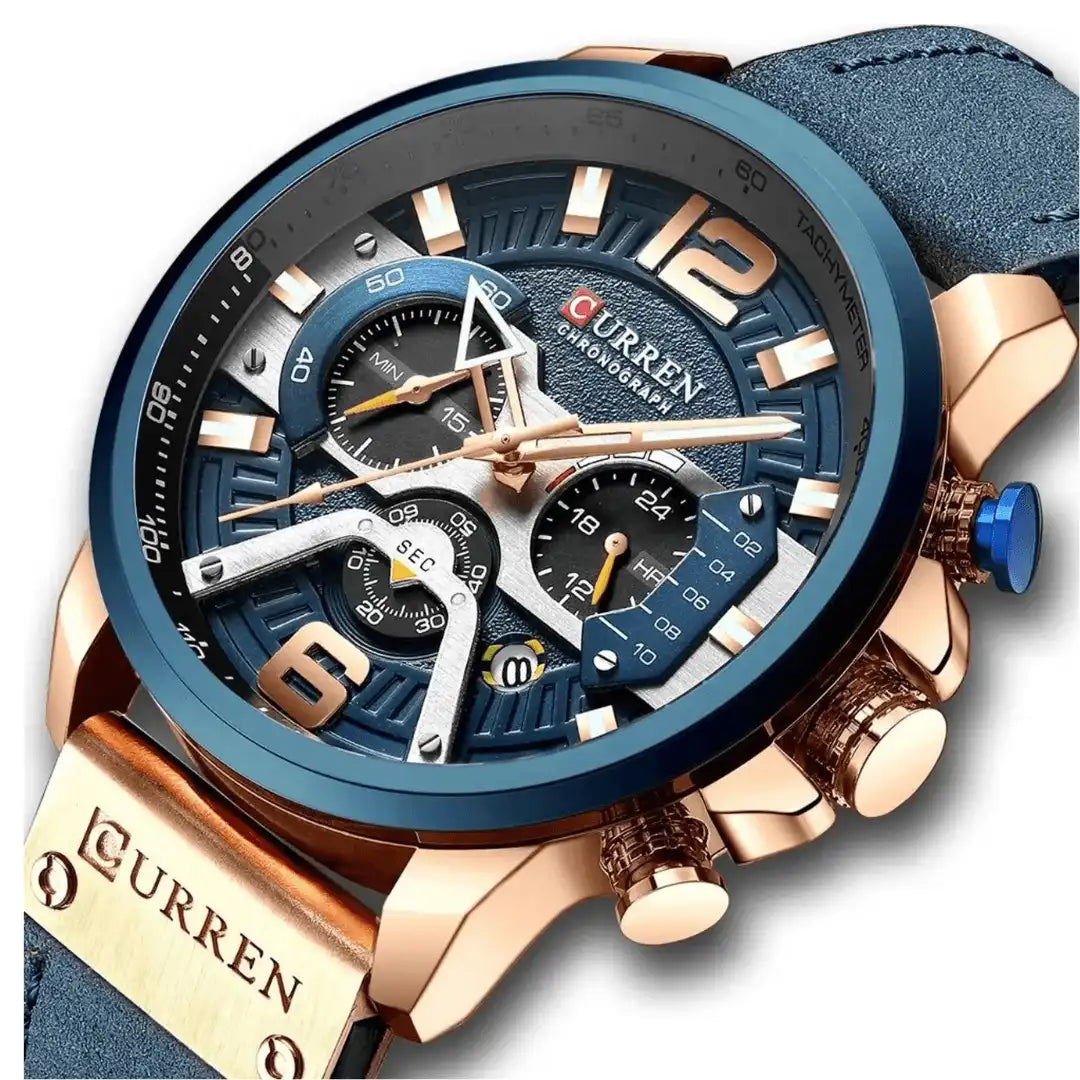 Reloj Curren 8329 Cronógrafo En Cuero Para Hombre Azul - Oro Rosa