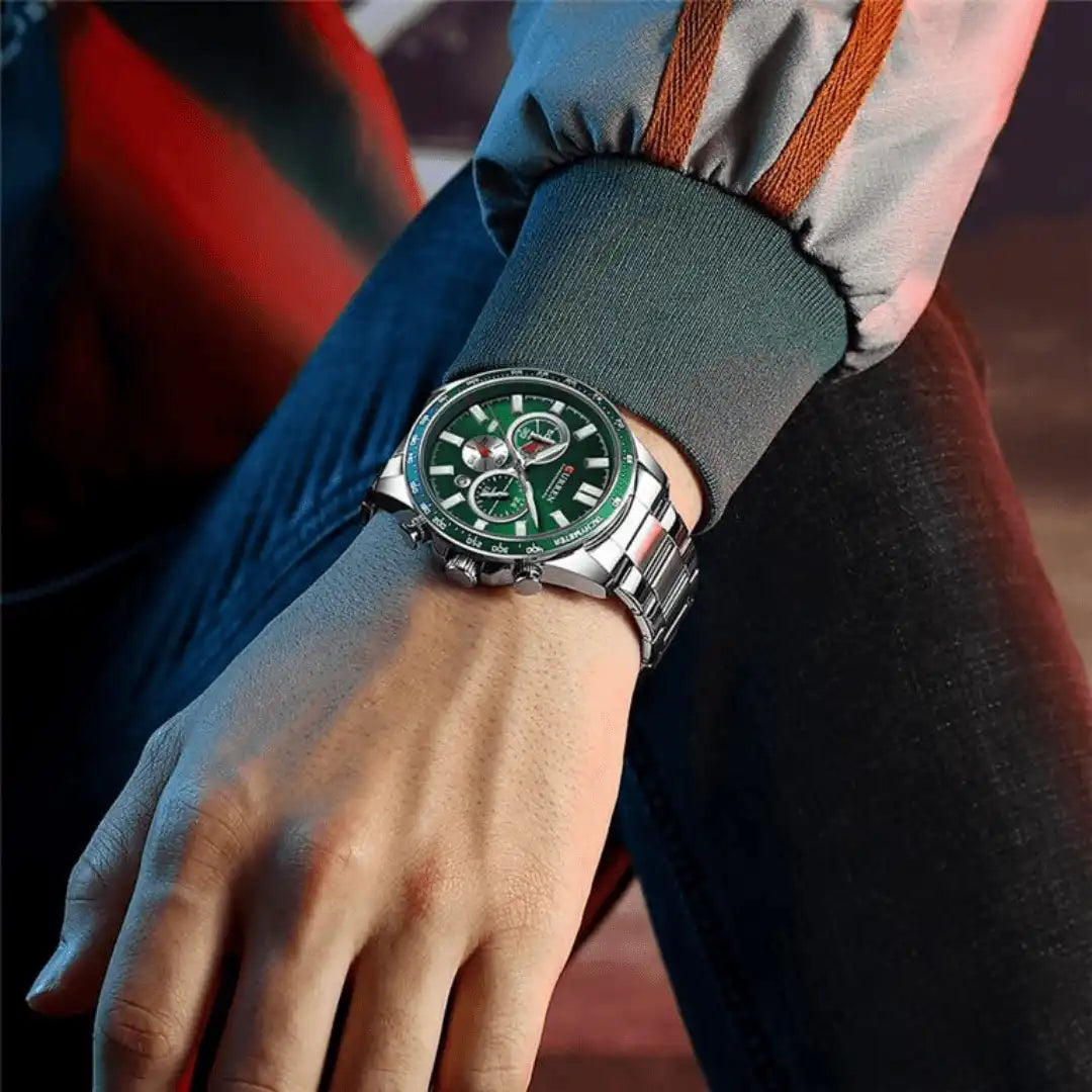 Reloj Curren 8418 Cronógrafo En Acero Para Hombre Plateado - Verde