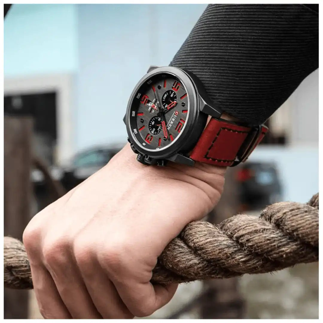 Reloj Curren 8314 Cronógrafo En Cuero Para Hombre Rojo - Gris