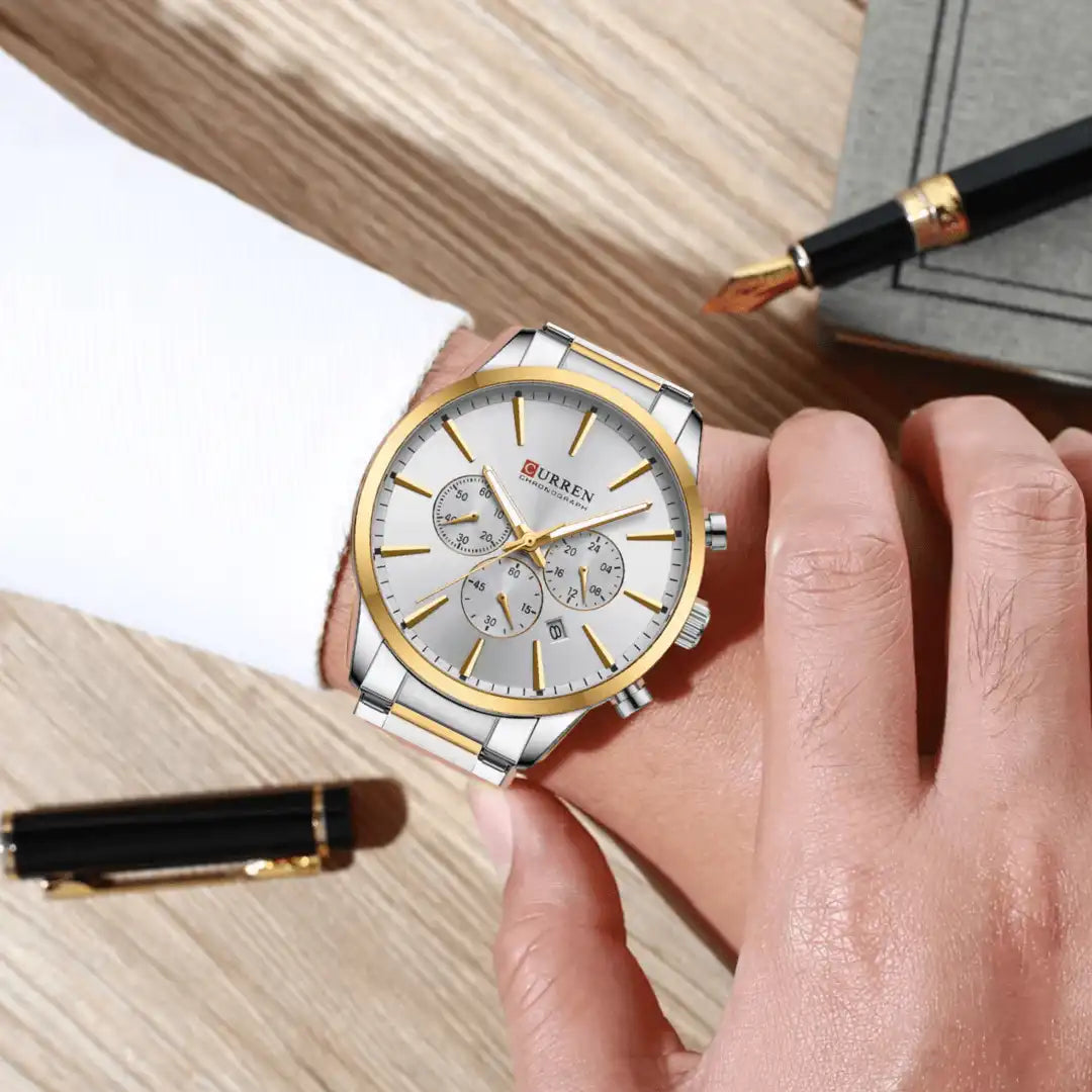 Reloj Curren 8435 Cronógrafo En Acero Para Hombre Plateado - Blanco