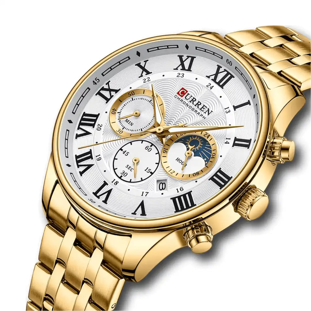 Reloj Curren 8427 Cronógrafo En Acero Para Hombre Dorado - Blanco