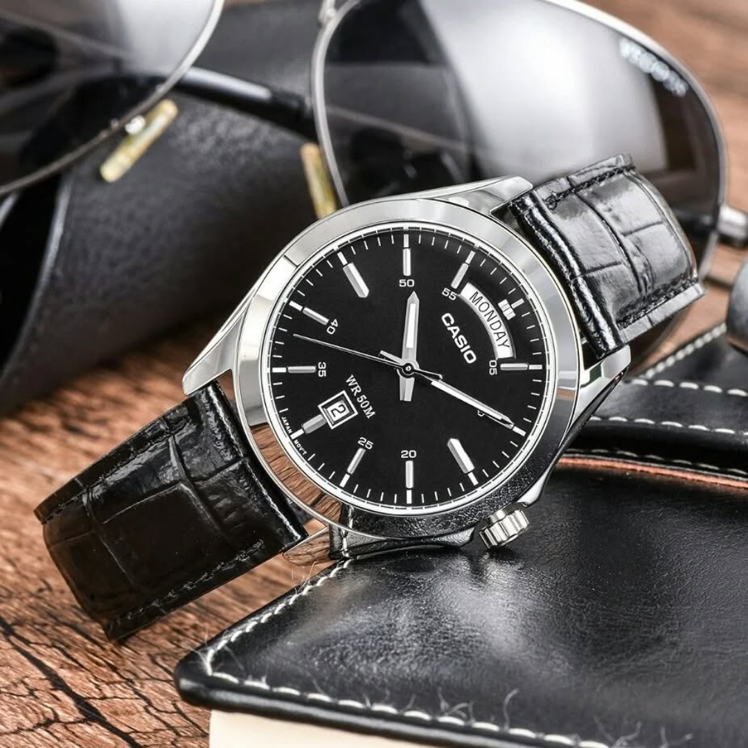 Reloj Casio MTP-1370L-1A En Cuero Negro Para Hombre