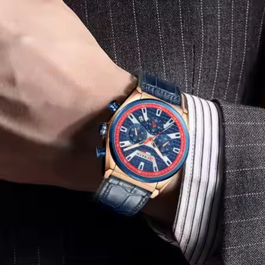 Reloj Curren 8392 Cronógrafo En Cuero Para Hombre Azul - Rojo
