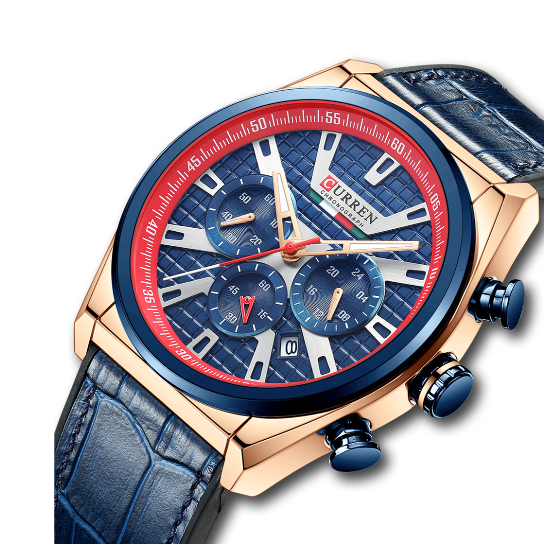 Reloj Curren 8392 Cronógrafo En Cuero Para Hombre Azul - Rojo
