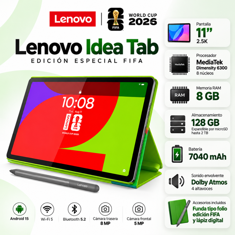 Tablet Lenovo Idea Tab FIFA World Cup 2026 11” 2.5K 128GB 8GB RAM Gris + Lápiz Digital y Funda Edición Especial