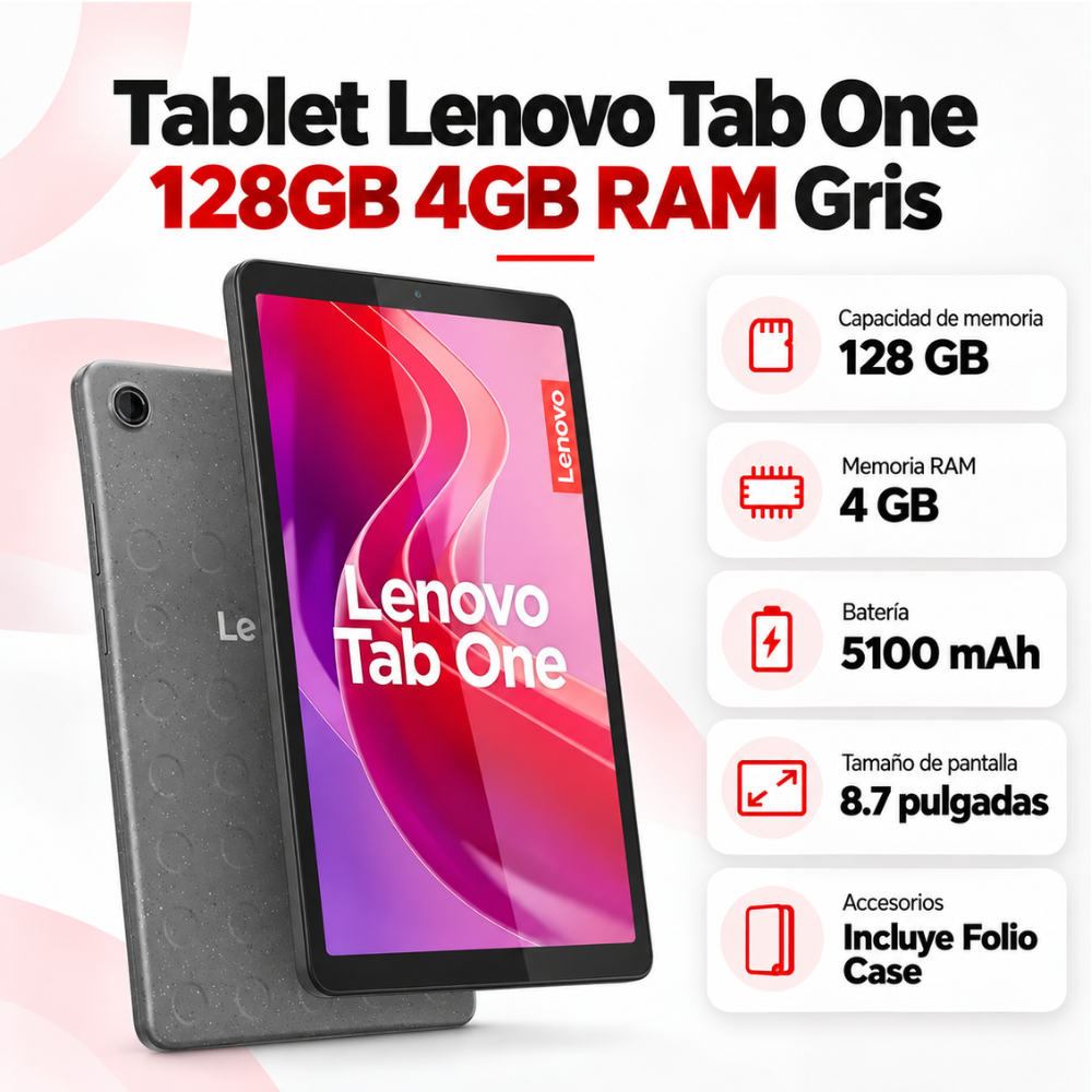 Tablet Lenovo Tab One 8.7” 128GB 4GB RAM Gris + Funda Folio Case | Potencia y Entretenimiento