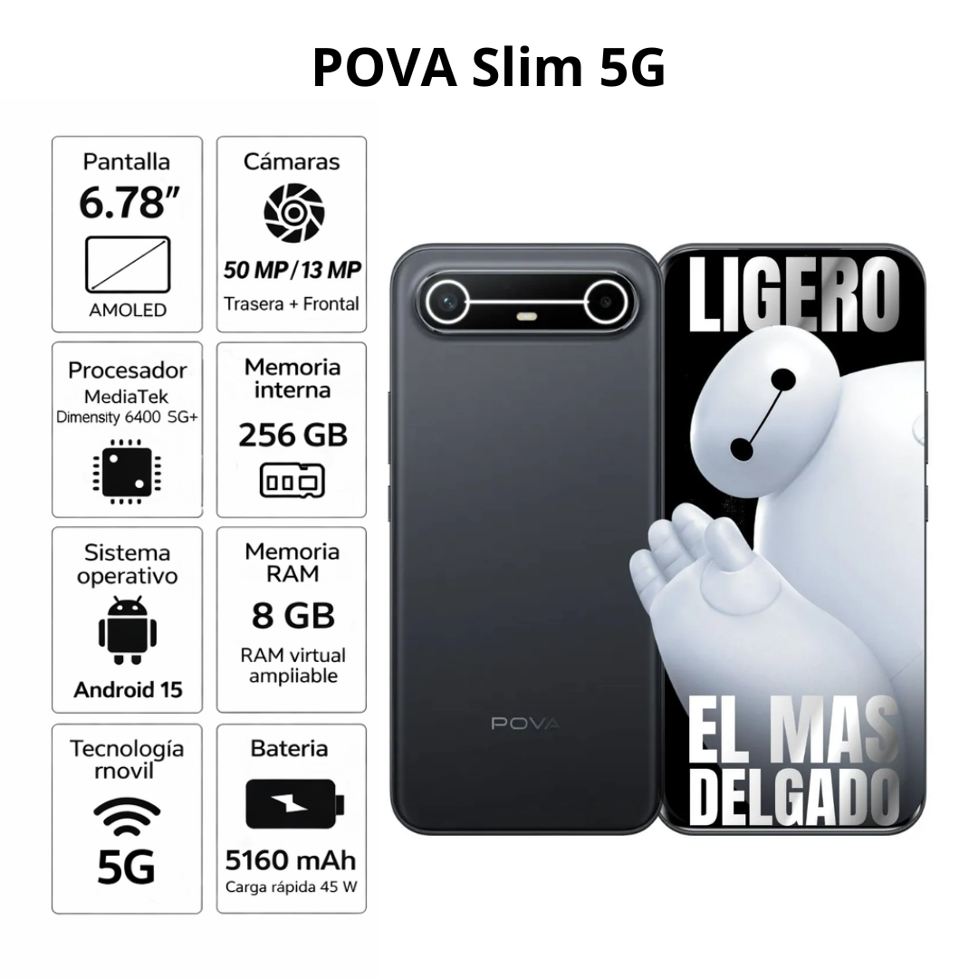 Celular Tecno Pova Slim 5G 256GB 8RAM Negro