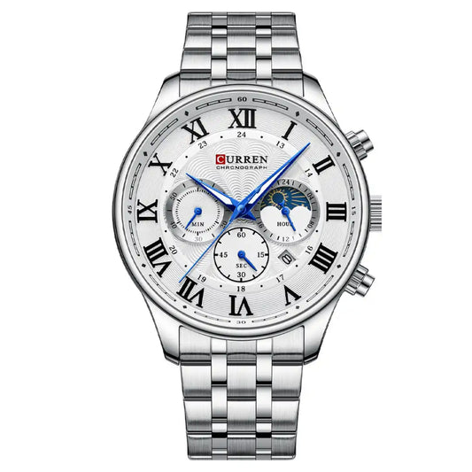 Reloj Curren 8427 Cronógrafo En Acero Para Hombre Plateado - Blanco