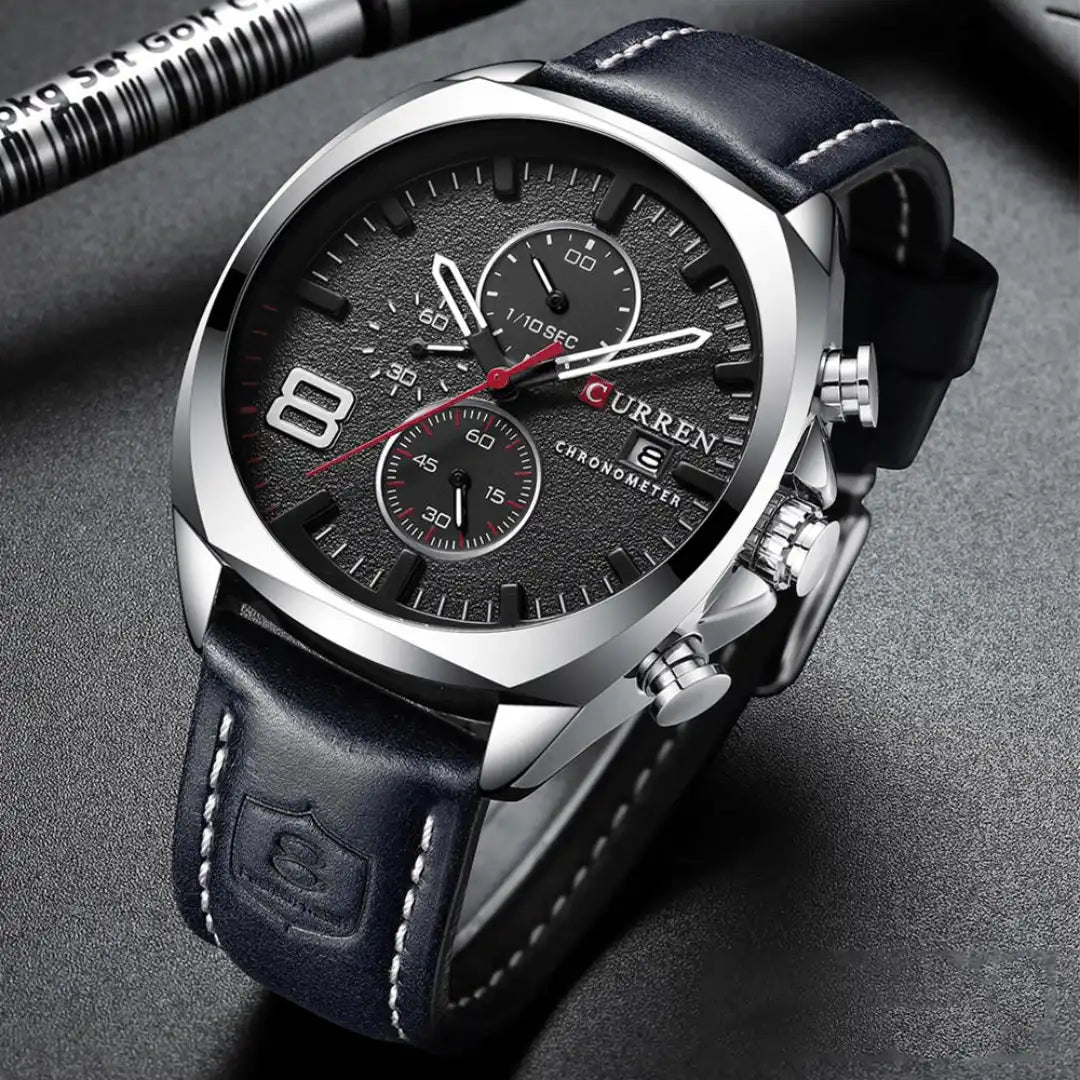 Reloj Curren 8324 Crónografo En Cuero Negro Para Hombre