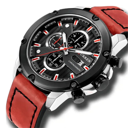 Reloj Curren 8308 Cronógrafo En Cuero Para Hombre Rojo