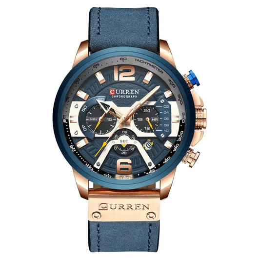 Reloj Curren 8329 Cronógrafo En Cuero Para Hombre Azul - Oro Rosa
