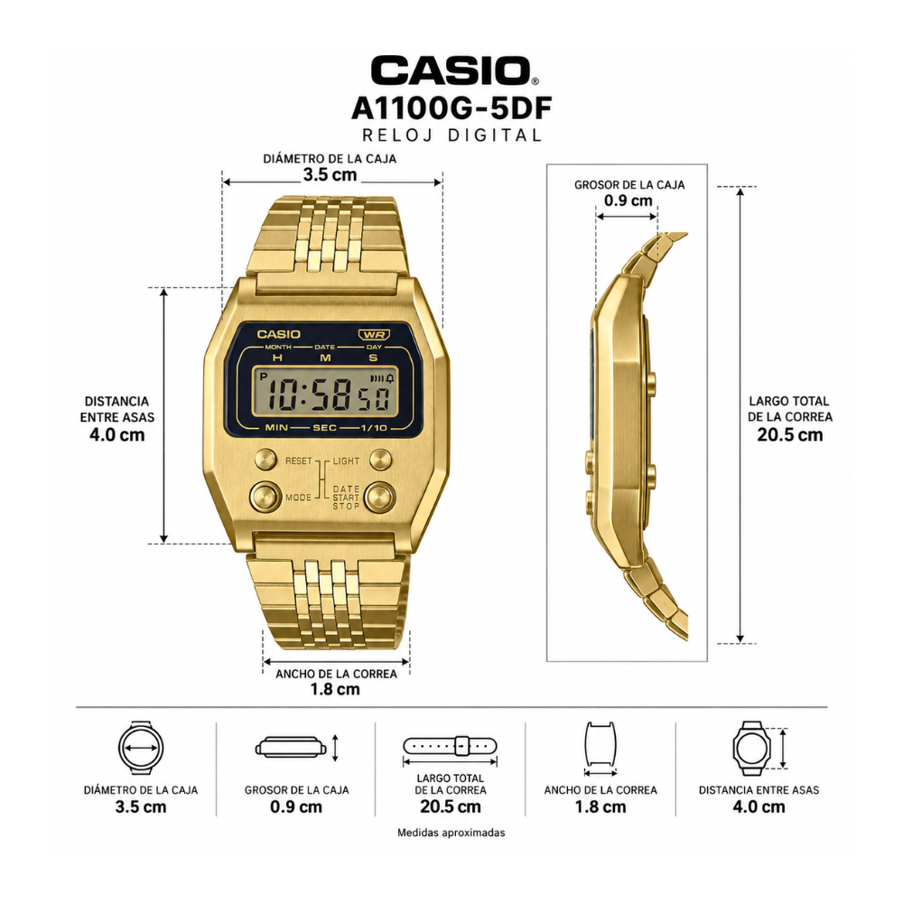 Reloj Casio Unisex Elegante A1100G-5 Vintage Digital Dorado