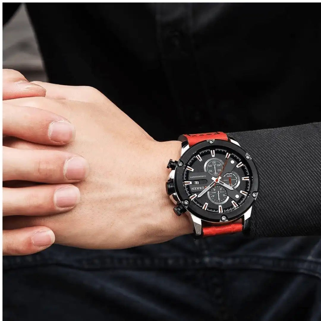 Reloj Curren 8308 Cronógrafo En Cuero Para Hombre Rojo