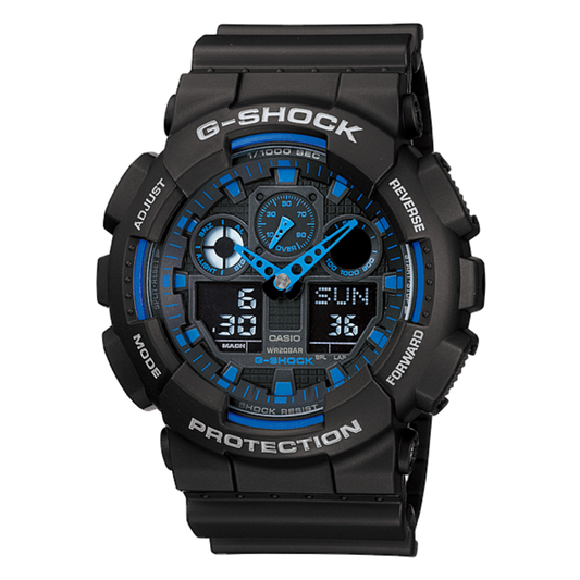 Reloj Casio G-SHOCK Para Hombre Deportivo GA-100-1A2DR Negro Con Detalles Azul Doble Hora