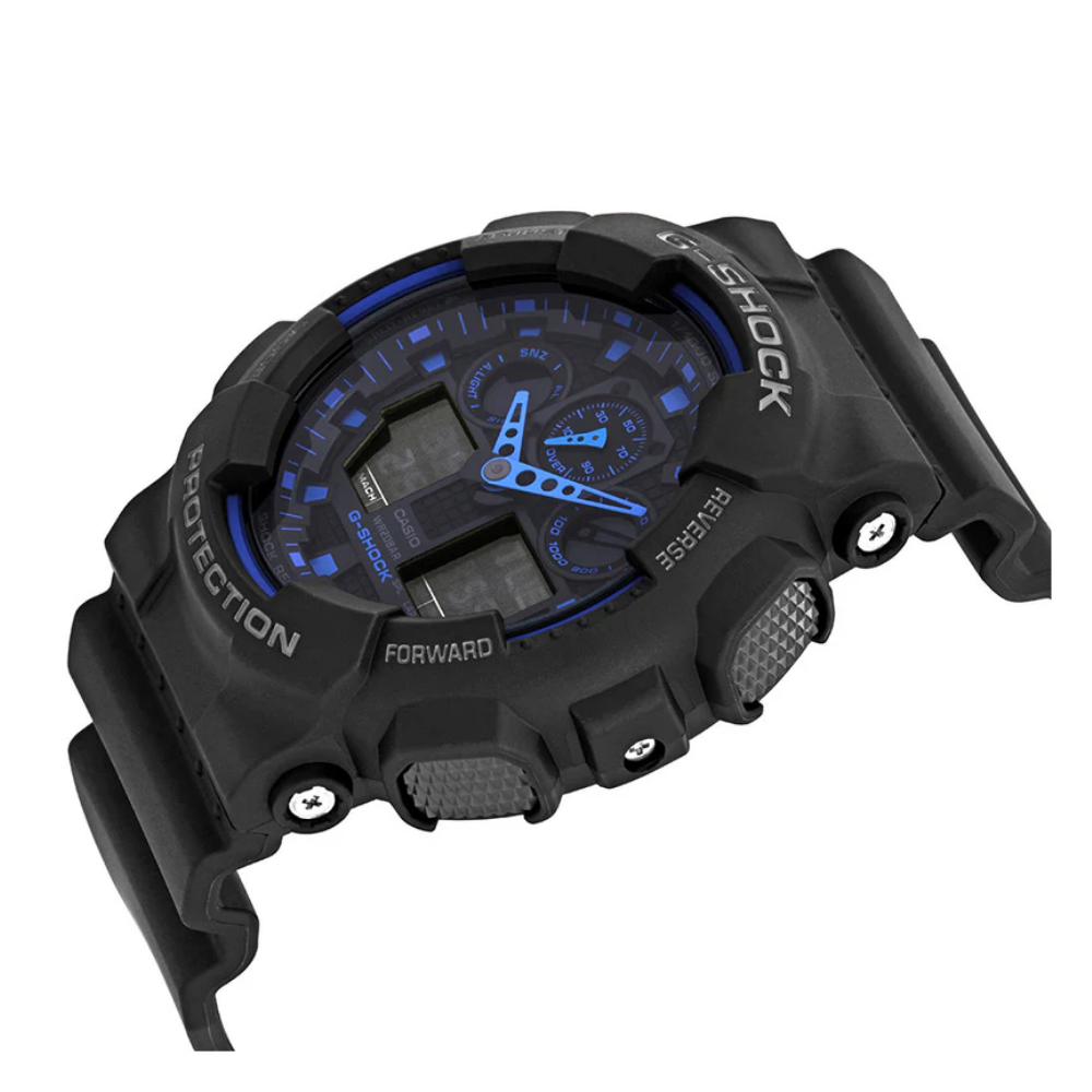 Reloj Casio G-SHOCK Para Hombre Deportivo GA-100-1A2DR Negro Con Detalles Azul Doble Hora