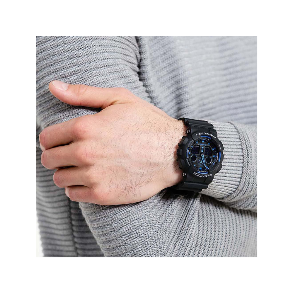 Reloj Casio G-SHOCK Para Hombre Deportivo GA-100-1A2DR Negro Con Detalles Azul Doble Hora