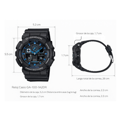 Reloj Casio G-SHOCK Para Hombre Deportivo GA-100-1A2DR Negro Con Detalles Azul Doble Hora