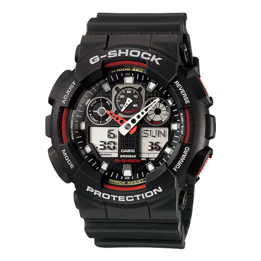 Reloj Casio G-SHOCK Para Hombre Deportivo GA-100-1A4DR Negro Con Detalles Rojo Doble Hora