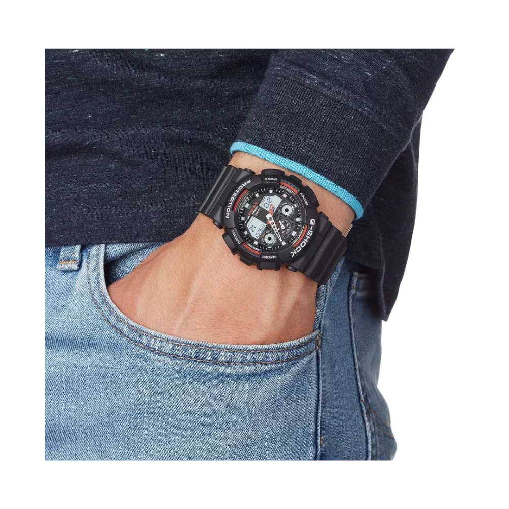 Reloj Casio G-SHOCK Para Hombre Deportivo GA-100-1A4DR Negro Con Detalles Rojo Doble Hora