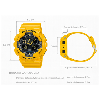 Reloj Casio G-SHOCK Para Hombre Deportivo GA-100A-9ADR Amarillo Con Negro Doble Hora