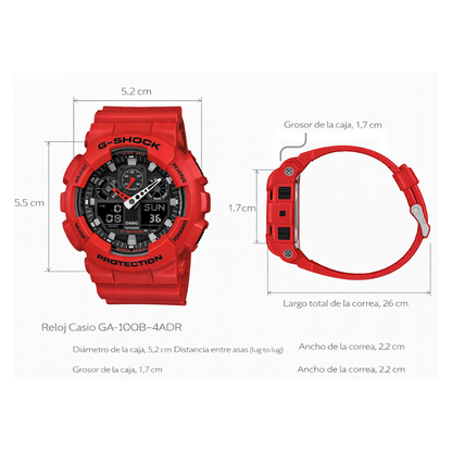 Reloj Casio G-SHOCK Para Hombre Deportivo GA-100B-4ADR Rojo Con Negro Doble Hora