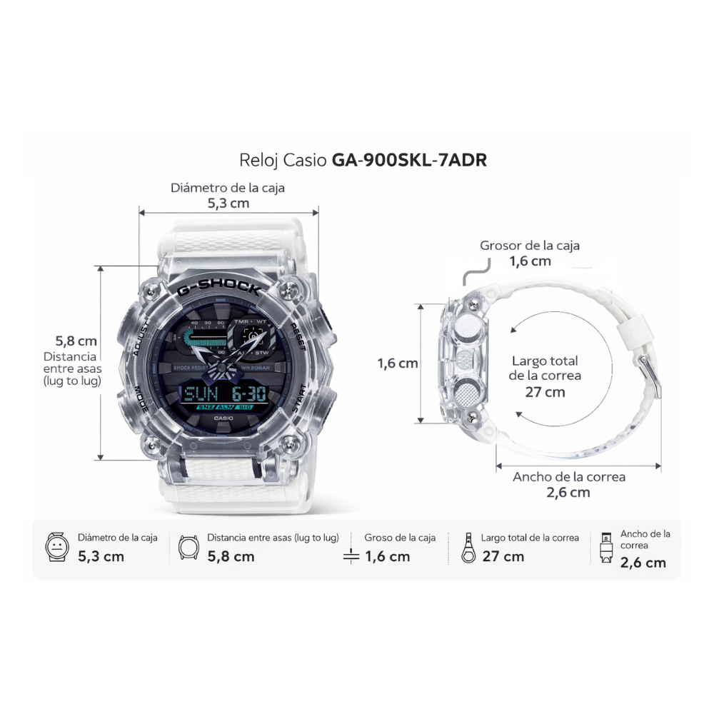Reloj Casio G-SHOCK Para Hombre Deportivo GA-900SKL-7ADR Blanco Transparente Doble Hora