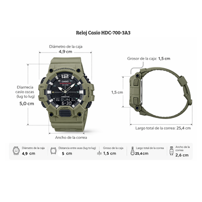 Reloj Casio Para Hombre Deportivo HDC-700-3A3 Verde Caqui Doble Hora