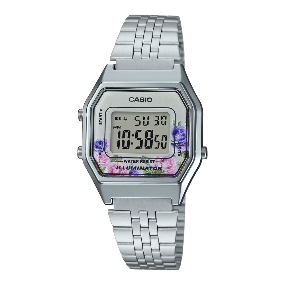 Reloj Casio Para Mujer Vintage LA680WA-4CDF Retro Plateado Con Diseño Floral