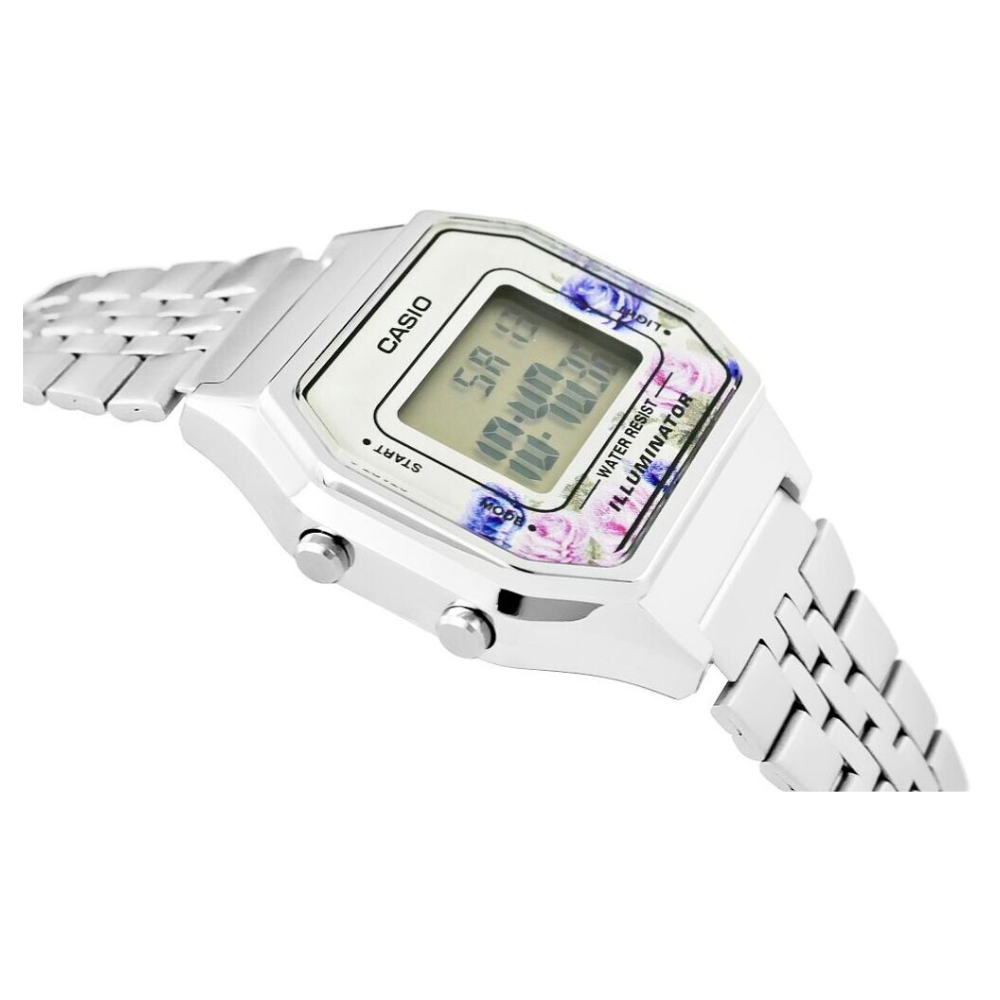 Reloj Casio Para Mujer Vintage LA680WA-4CDF Retro Plateado Con Diseño Floral