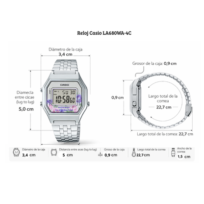 Reloj Casio Para Mujer Vintage LA680WA-4CDF Retro Plateado Con Diseño Floral