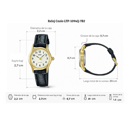 Reloj Casio Para Mujer Elegante LTP-1094Q-7ARDF Esfera Plateada Con Detalles Dorados
