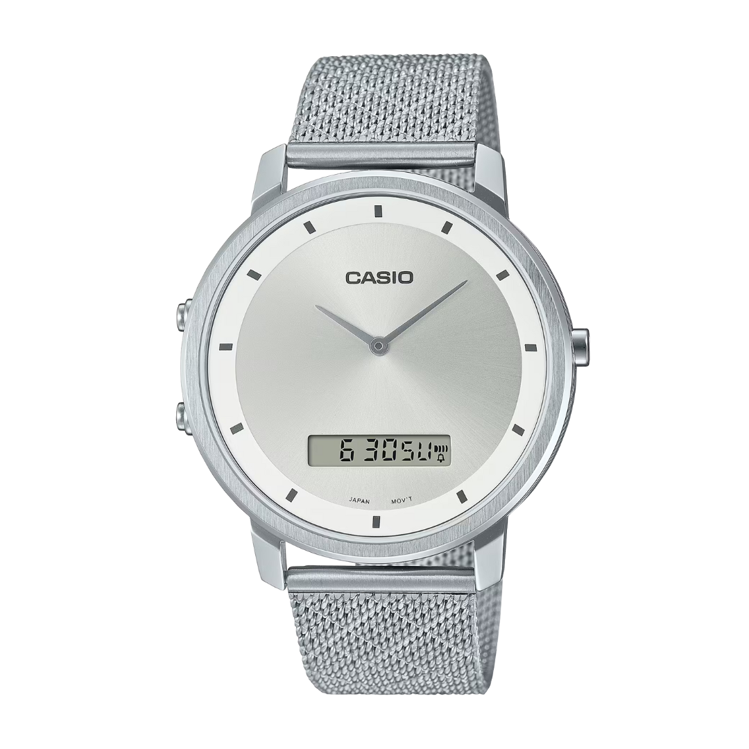 Reloj Casio Para Hombre Elegante MTP-B200M-7E Doble Hora Plateado Malla milanesa