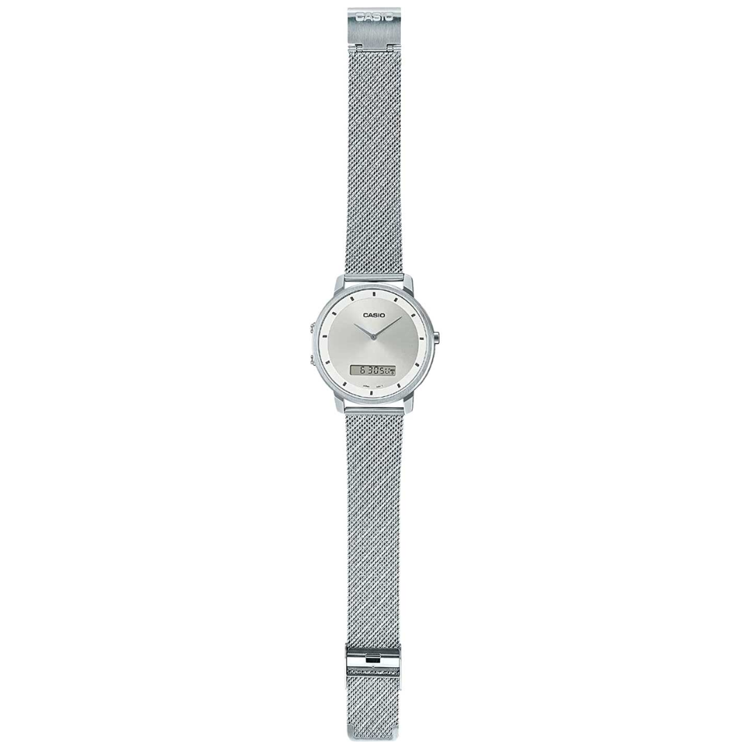 Reloj Casio Para Hombre Elegante MTP-B200M-7E Doble Hora Plateado Malla milanesa