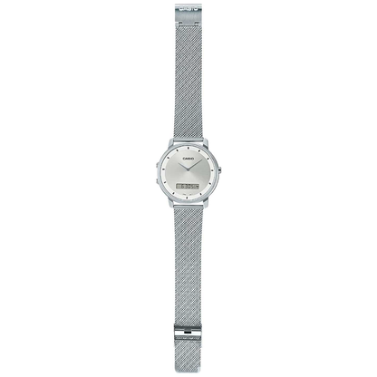 Reloj Casio Para Hombre Elegante MTP-B200M-7E Doble Hora Plateado Malla milanesa