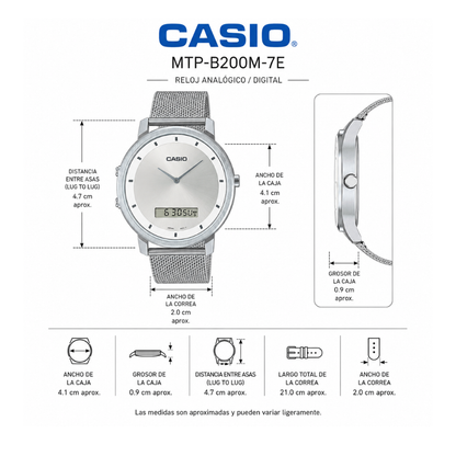 Reloj Casio Para Hombre Elegante MTP-B200M-7E Doble Hora Plateado Malla milanesa