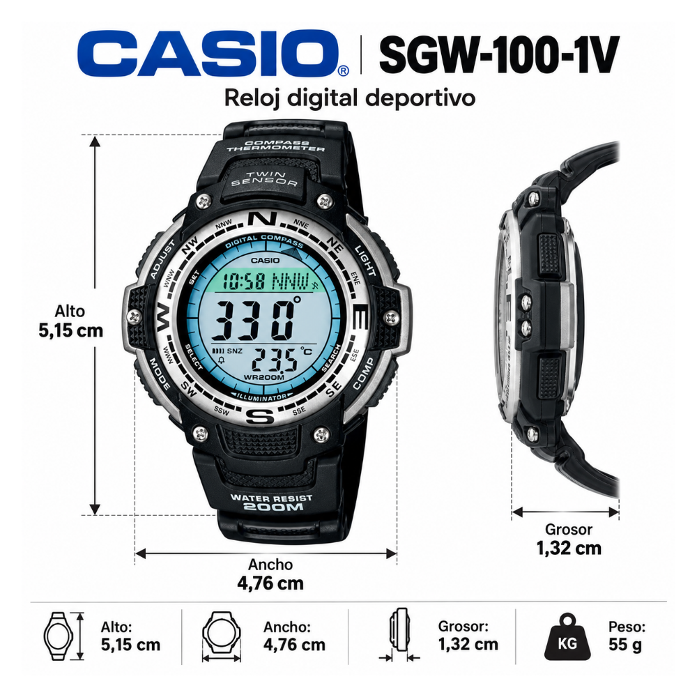 Reloj Casio Deportivo Digital para Hombre con Brújula y Termómetro SGW-100-1V